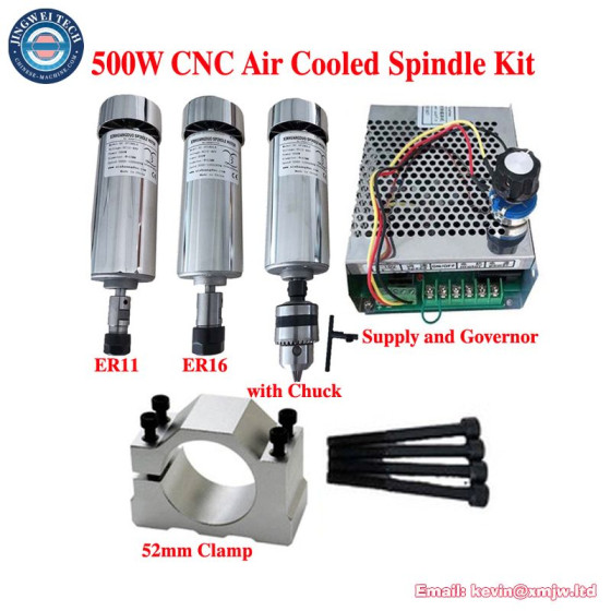 Air Cooled 0.5kw CNC Spindle Motor Kit ER11 ER16 Chuck 500W DC 48V Power Adjustable Speed Governor For Engraving Machine